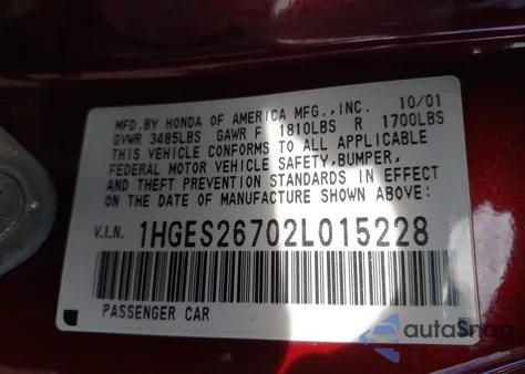 2002 Honda Civic Ex из США, поврежденный, VIN 1HGES26702L015228